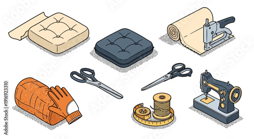 Sewing equipment collection featuring retro tools and materials in vintage style