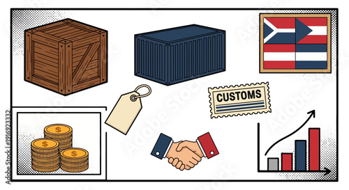 Trade and commerce icons: customs, shipping, and economic growth symbols