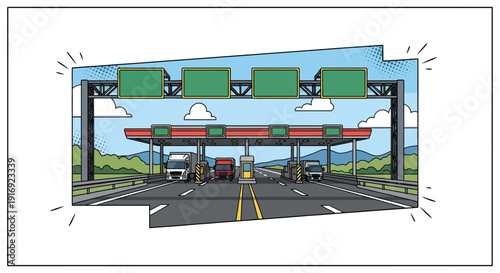 Comic style toll booth with trucks and road signs on highway
