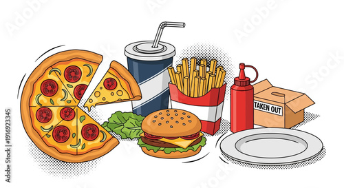 Pop art fast food collection: pizza, burger, and fries with drink and condiments