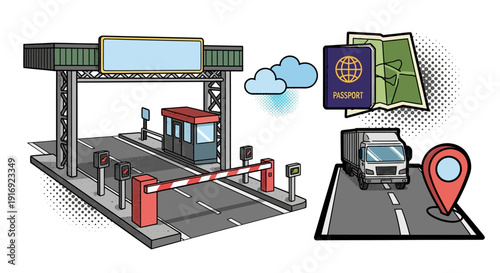 Isometric border control with passport and truck on highway