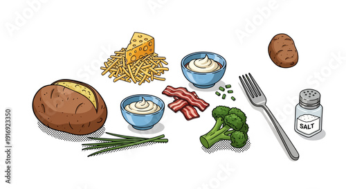 Baked potato toppings with cheese, bacon, and sour cream in comic style