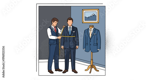 Tailor measuring customer for custom suit in fitting room with mannequin