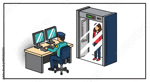 Security checkpoint with guard and metal detector in isometric style
