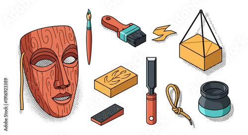 Carving tools and elements in vintage cartoon style with wooden mask