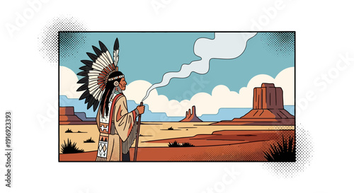 Historical scene of native american chief in desert landscape with smoke and feathered headdress