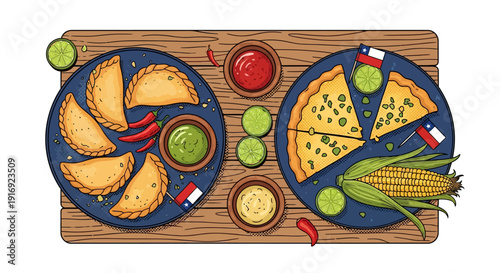 Traditional chilean cuisine featuring corn and empanadas on a wooden table