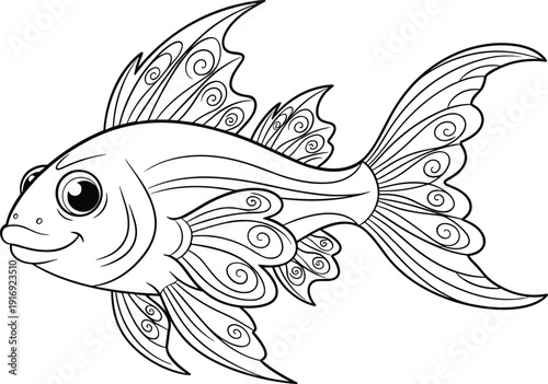Colorful illustration of a smiling fish with decorative fins and tail