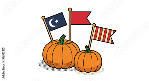 Pop art style pumpkins with decorative flags for fall festivities