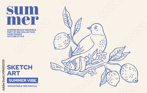 Bird on tree branch with lemon and flower. Line sketch illustration. Vintage art, hand drawn doodle animal pattern. Canary bird with summer, spring lemon tree. Brush Mediterranean vector poster design