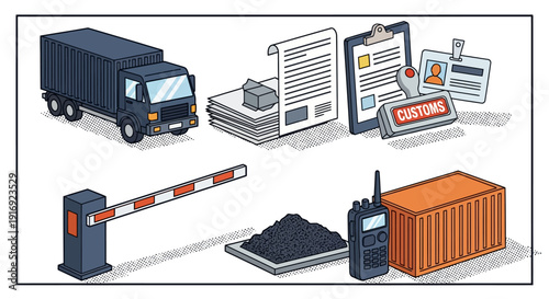 Isometric customs logistics scene with cargo truck and documents