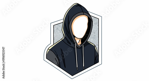 Faceless hooded figure in graphic style with white background and hexagonal border