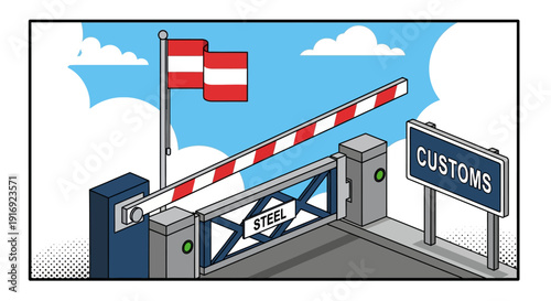 Border crossing point with customs gate and flag in isometric style