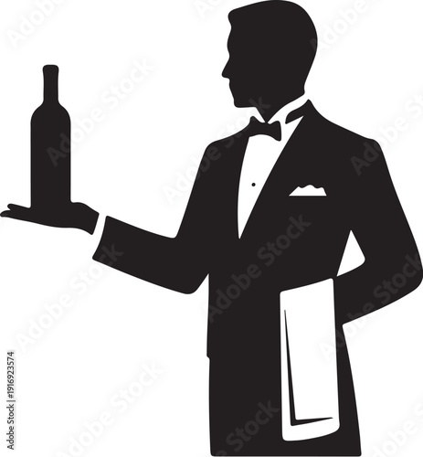 Black silhouette waiter holding wine bottle and napkin