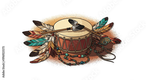 Traditional drum with feathers and beads: cultural decor with colorful patterns