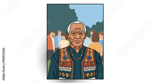 Elderly man in traditional clothing at a social gathering with diverse background