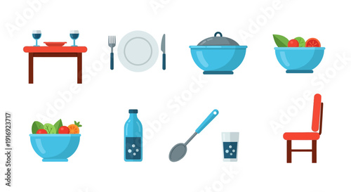Dining essentials in flat design: tableware, cutlery, and food items