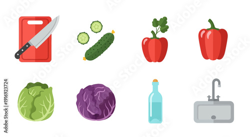Colorful flat icons of kitchen and vegetables for cooking themes