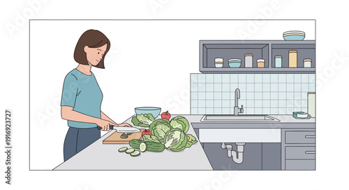 Woman preparing salad in modern kitchen with fresh vegetables in flat style