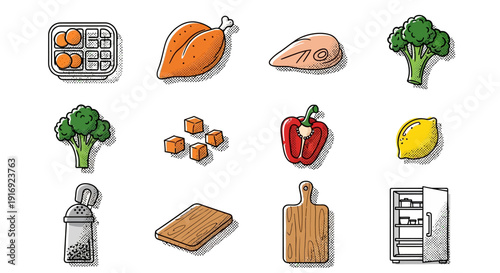 Colorful pop art style kitchen ingredients and tools collection