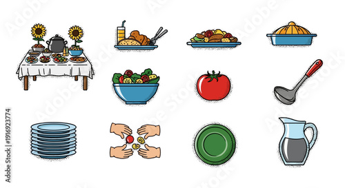 Colorful dining elements with food, tableware, and cooking icons