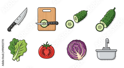 Fresh vegetables and kitchen tools icons for culinary design projects