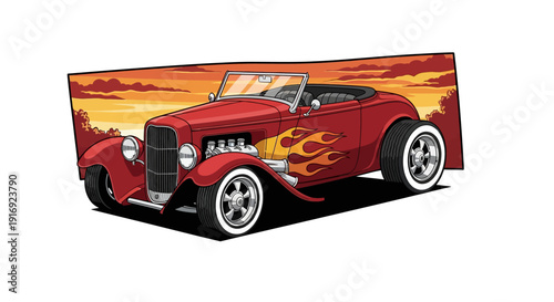Vintage hot rod with sunset background and flame detailing