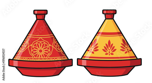Two colorful moroccan tagines with decorative floral patterns are shown