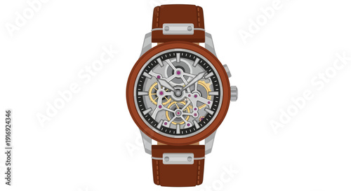 An isolated illustration of a brown leather strap wristwatch with a skeleton dial