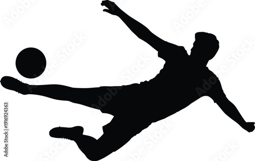 Dynamic soccer player kicking ball in mid air motion