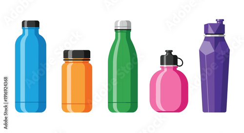 A colorful collection of reusable water bottles in various shapes