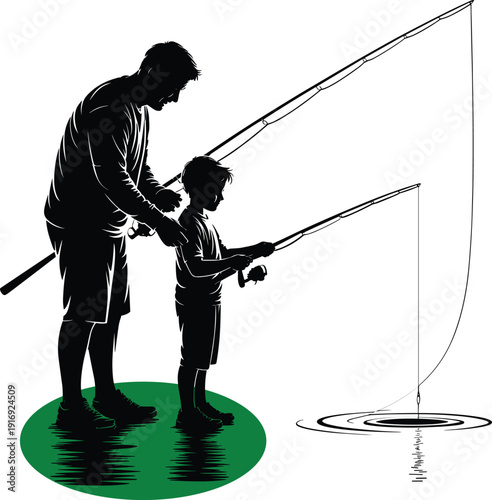 Father teaching son to fish together outdoors