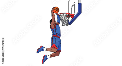 Basketball player in mid air preparing to dunk on a blue hoop