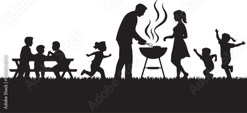 Family B Q Silhouette with Children Playing and Adults Cooking
