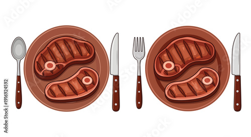 Two place settings featuring grilled steak cutlery and circular plates
