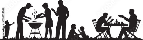 Family barbecue gathering with people cooking and eating outdoors