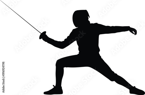 Fencer in dynamic stance with sword in hand ready to strike