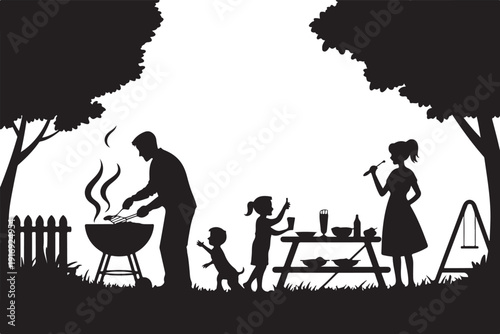 Family barbecue picnic in park with grill and picnic table