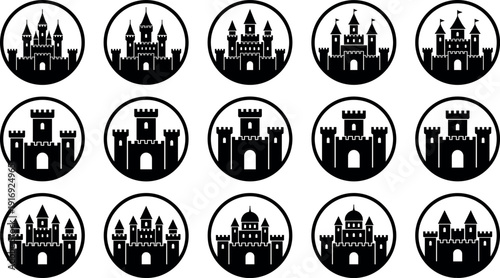 Collection of circular medieval castle silhouette icons featuring various fortress towers, royal palace symbols, ancient citadel designs, and stone stronghold fortifications for game UI.