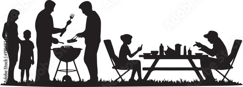 Family barbecue picnic with grill and picnic table