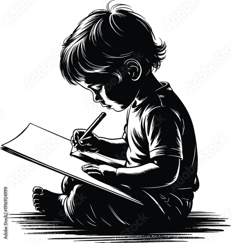 Little boy drawing on paper with pencil