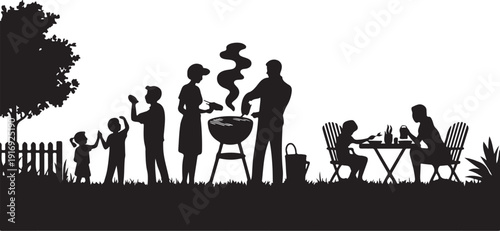 Family barbecue silhouettes in a backyard setting grill