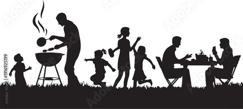 Family barbecue silhouettes with children playing and adults sitting at table