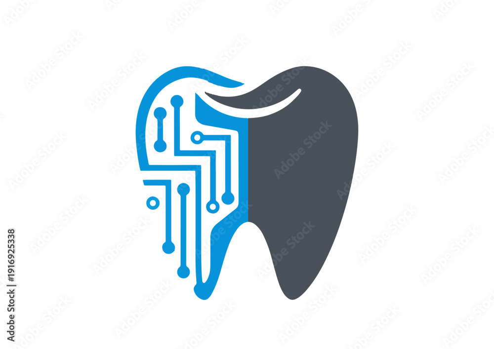Obraz premium Digital Dental Tooth Technology Circuit Vector Logo