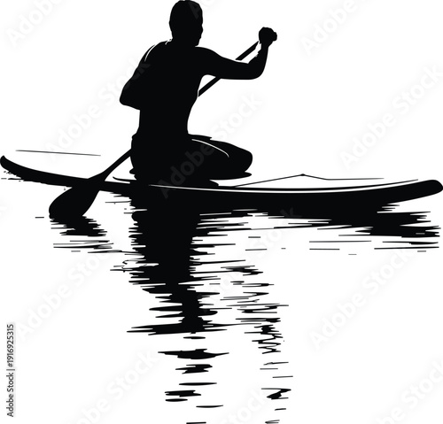Man paddling kayak in calm water with serene reflection