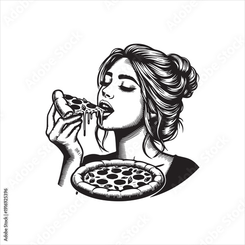 Vector illustration of a woman eating a slice of pizza with her eyes closed on a white background, showcasing a logo design concept.