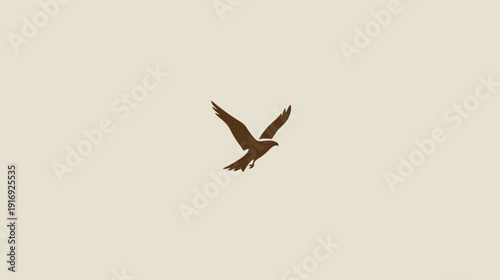 A silhouette of a hawk in flight with widespread wings against a beige background