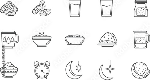 Ramadhan Kareem Icons Set Fasting, Dates, Food, Prayer, and Moon Symbols for Islamic Celebration