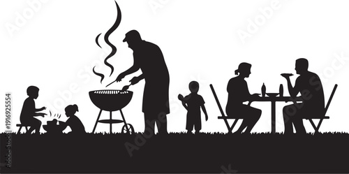 Family barbecue with children playing and adults eating outdoors
