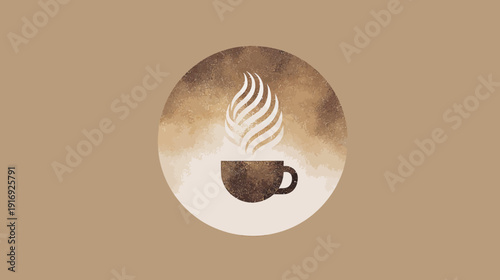 A coffee cup with steam rising, inside a beige circle, on a solid beige background